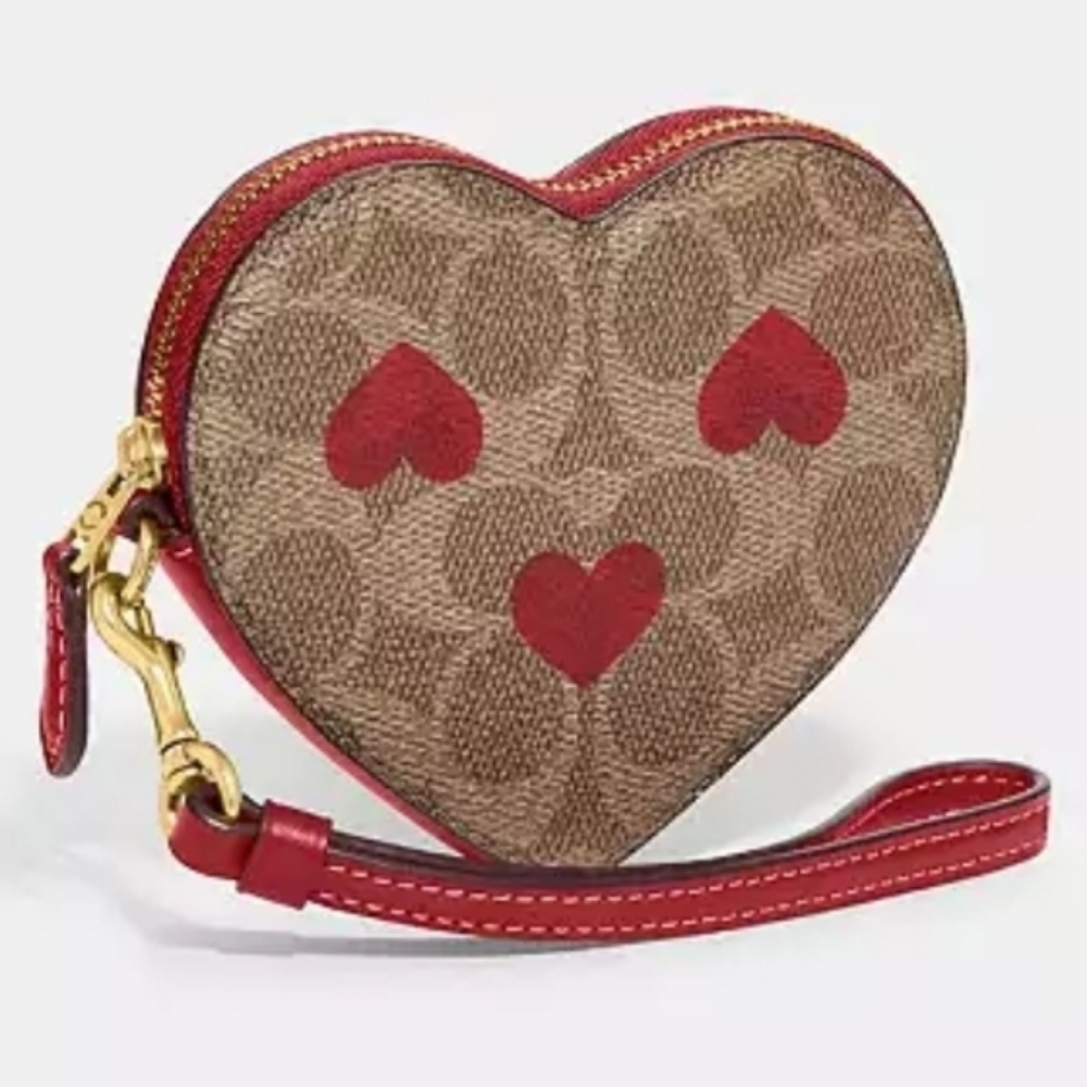 🤎▪️Coach▪️ Heart Wristlet In Signature Canvas Heart Print Coin Wallet